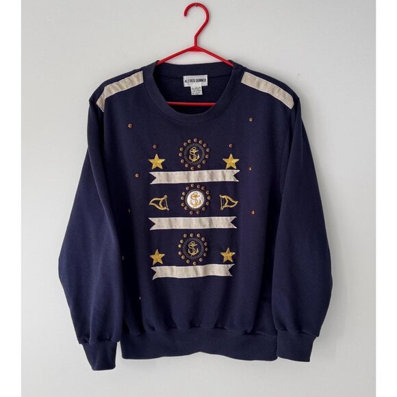 90s vintage navy blue sailor print nautical anchor embroidered pullover sweater - Picture 1 of 9
